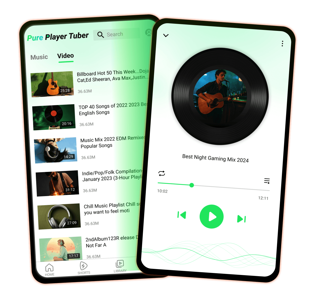 Pure Player Tuber music and video library and music playback screen